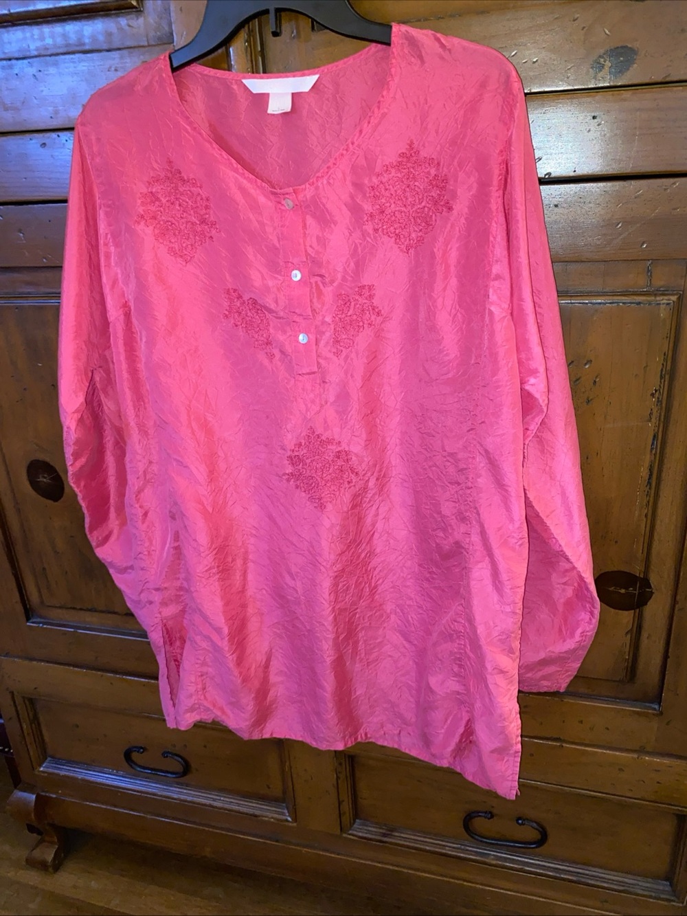 Vintage Y2K Victorias Secret 100% Silk LS Embroidered Tunic Cover Up Pink LARGE